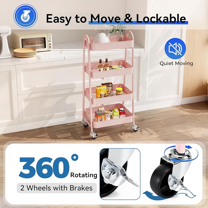 OLIXIS Metal 4 Tiers Rolling Storage Utility Cart with Lockable Wheels | Mobile Organizer Shelf, Space-Saving, Freestanding, Bathroom, Living Room, Slim, Narrow Corner Spaces, Pink