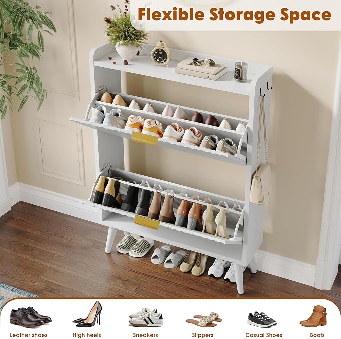 Shoe Storage Cabinet for Entryway with 2 Flip Drawers,Fluted Door | Shoe Organizer Cabinet with Adjustable & Removable Shelves,Narrow Shoe Cabinet for Foyer, Hallway, Living Room, 2 Hooks,White