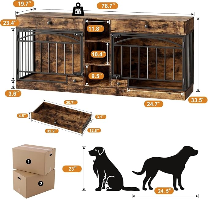 Dog Crate Furniture for 2 Dogs, Double Dog Crate TV Stand, Brown | 78.7'' Large Dog Kennel Indoor, 2 Storage Drawers, 3 Shelves and Feeding Bowls, Pet Kennel for Small and Medium Dogs