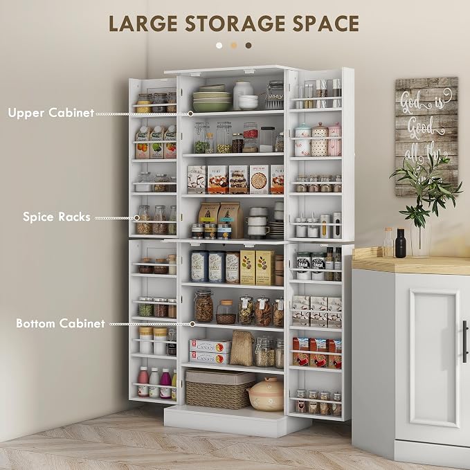 HOMCOM 65" Kitchen Pantry Storage Cabinet 16 Door Shelves White | Freestanding Kitchen Cabinet, 4 Doors, 8-Tier Shelving, Adjustable Shelves