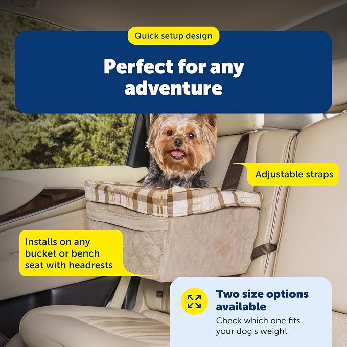 PetSafe Happy Ride Quilted Dog Booster Seat, Tan, Up to 25 lb | Raises Small Dogs to Window Height In Most Cars, Connects to Seatbelt with Safety Tether, Fleece Liner Is Machine Washable