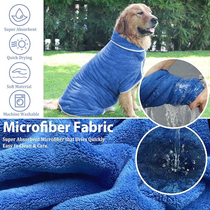 Dog Bathrobe Towel Dog Drying Coat - Super Absorbent Towels Bath Robe for Dogs Large, Soft Adjustable Collar & Belly Strap Fast Drying Coat Pet Cat Bath Robe (Medium Blue‌, XX-Large)