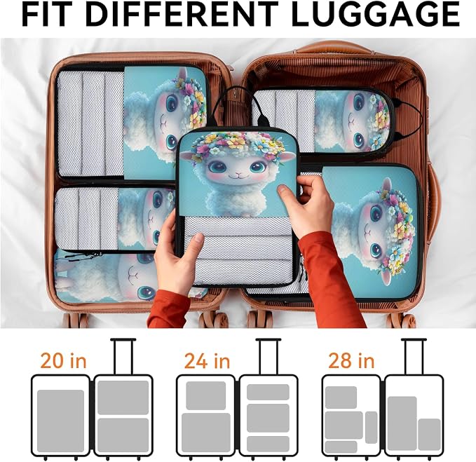 Cute Sheep 6 Set Compression Packing Cubes Animal Expandable Packing Organizer for Travel Accessories Luggage Suitcase Bag