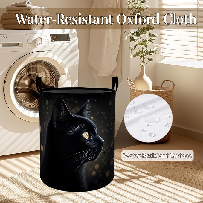 Black Cat Laundry Basket, Mysterious Kitten Foldable Oxford Cloth, Waterproof Dirty Clothes Hamper with Handles, Clothing Storage Bin Toy Organizer for Bedroom Dorm Bathroom, 19.7"x15.7"
