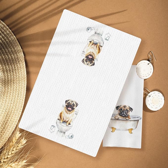Pug Decor Kitchen Towels, Set of 3, 16x24 Inch, Cotton, Rustic, Absorbent & Quick-Drying, Multi-Purpose, Gift Idea