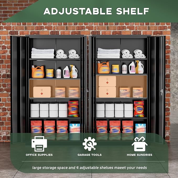 Greenvelly Metal Storage Cabinet, 72" Black Metal Locking Storage Cabinet with Doors and 4 Adjustable Shelves, Large Steel Cabinet for Home Office, Garage, Shop, School (32" W x 16" D)