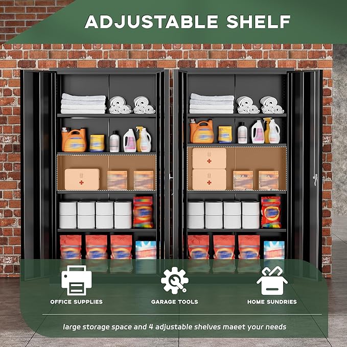 Greenvelly Metal Garage Storage Cabinet, 72” Lockable Storage Cabinet with Adjustable Shelves, Steel Tool Cabinets, Black Metal File Cabinet for Home Office, Garage, School, Classroom(36" W x 18" D)
