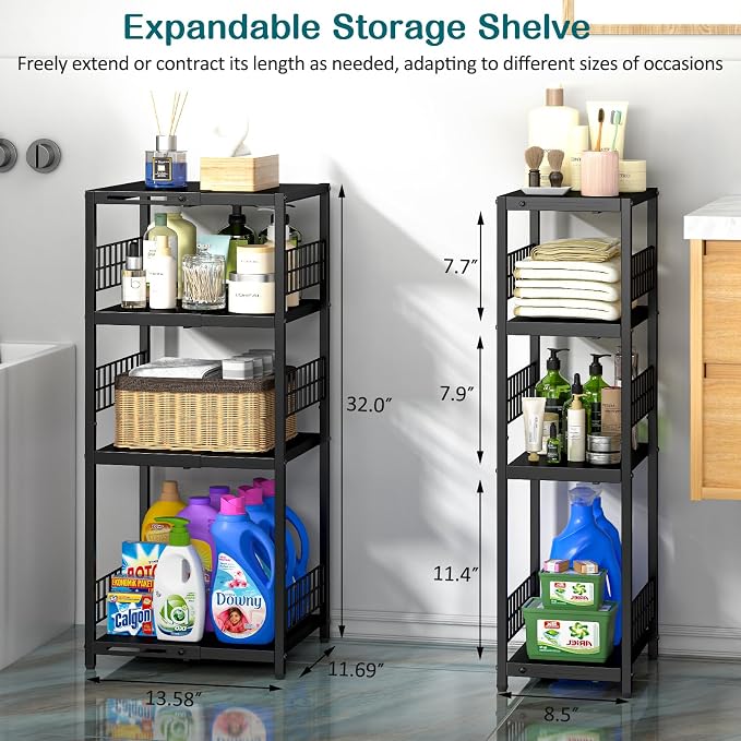 DAOUTIME Expandable Slim Storage Shelf, 4 Tier Metal Shelving Unit for Bathroom Storage Organizer, Freestanding Narrow Shelf for Small Spaces, Open Floor Shelves for Bathroom, Laundry Room, Kitchen