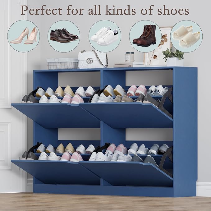 BORNOON Shoe Cabinet with 4 Flip Drawers, Narrow Hidden Shoe Storage Cabinet, Slim Freestanding Shoe Rack Organizer for Entryway, Hallway, Bedroom, Living Room