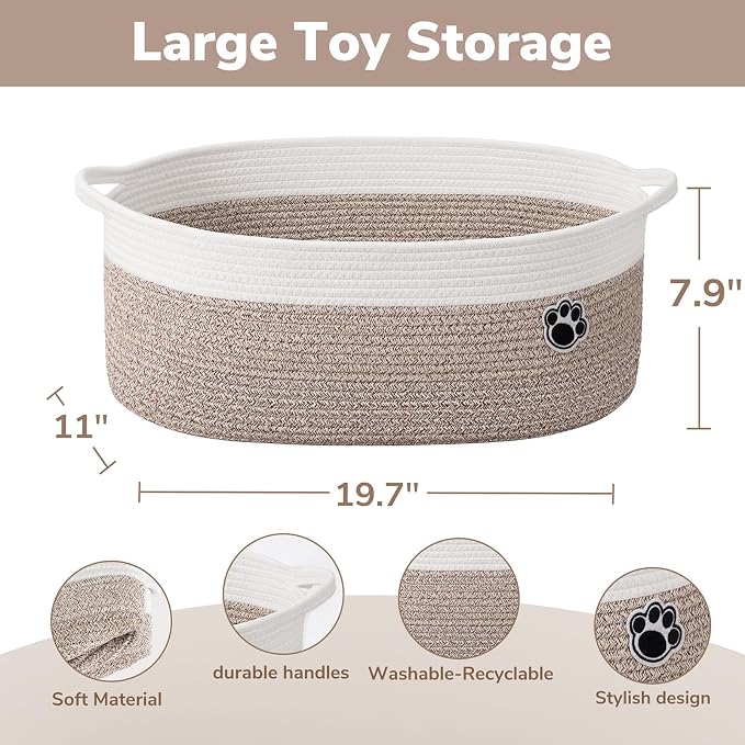 30L Large Woven Rope Dog Toy Basket with Paw Print, Mixed Brown | 19.7" x 11" x 7.9" Dog Toy Bin & Box with Handles, Storage Basket for Blankets Towels, Fits Living Room Nursery Bedroom