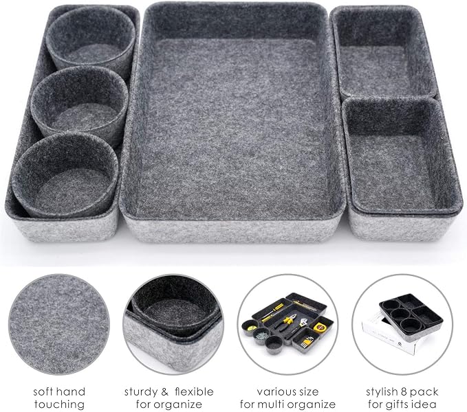 Welaxy Office supplies Drawer organizers tray storage bins drawers dividers storage bin Pack-8 gift for men (Charcoal)