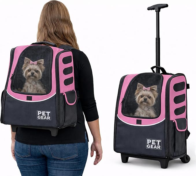 Pet Gear I-GO2 Roller Backpack, Medium Escort, Pink Diamond | Travel Carrier, Car Seat for Cats/Dogs, Mesh Ventilation, Telescoping Handle, Storage Pouch, Included Tether