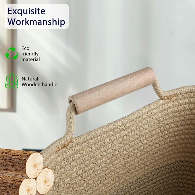 Woven Dog Toy Basket, Dog Toy Bin for Living Room Area, Dog Basket | 100% Cotton Rope Basket With Wood Handle, Dog Stuff Storage Organizer, Pet Toy Basket For Toy,Blanket,Clothes-L13.7''×W10.2'