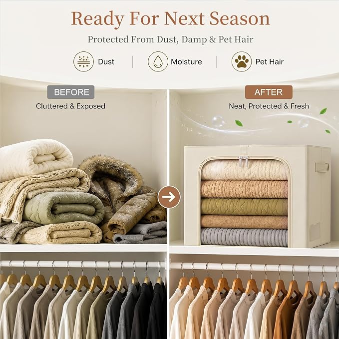GoMaihe Clothes Storage Bins with Metal Frame for Closet, 40L 3-Pack Beige | Sweaters Hoodies Towel T-Shirt, Closet Top Shelf Linen Closet Organizer, 3 Side Access Clear Window Collapse-Proof, Stackable