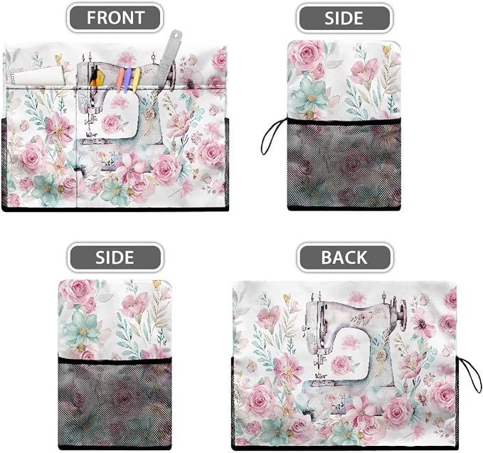 Sewing Flower Sewing Machine Cover with Storage Pockets,Dust & Pet Hair Protection,Fits Standard Singer, Brother and Janome Machines, Protecting & Decorating Your Sewing Space (Pink)