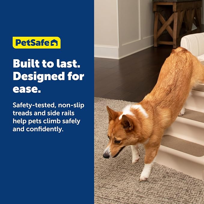PetSafe CozyUp Folding Dog Stairs - Pet Stairs for Indoor/Outdoor at Home or Travel - Dog Steps for High Beds, Sofa with Siderails, Non-Slip Pads - Durable, Support up to 200 lbs - Extra Large, Tan | Portable & Foldable 4-Step Stairs, Non-Skid Feet, Si...