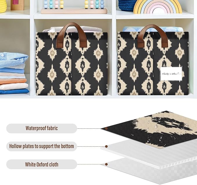 Ikat Black and Beige Abstract Storage Bins for Shelves with Labels&Handles Fabric Organizer Bin Foldable Rectangle Storage Basket Boxes for Closet, Bathroom, Home, Living Room