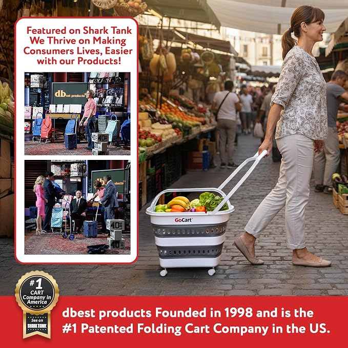 dbest Products Gocart Foldable Shopping Cart with Wheels - Collapsible Grocery Cart with Handles for Easy Storage - As Seen on Shark Tank - Portable Rolling Cart - 33" Height - Lightweight Design
