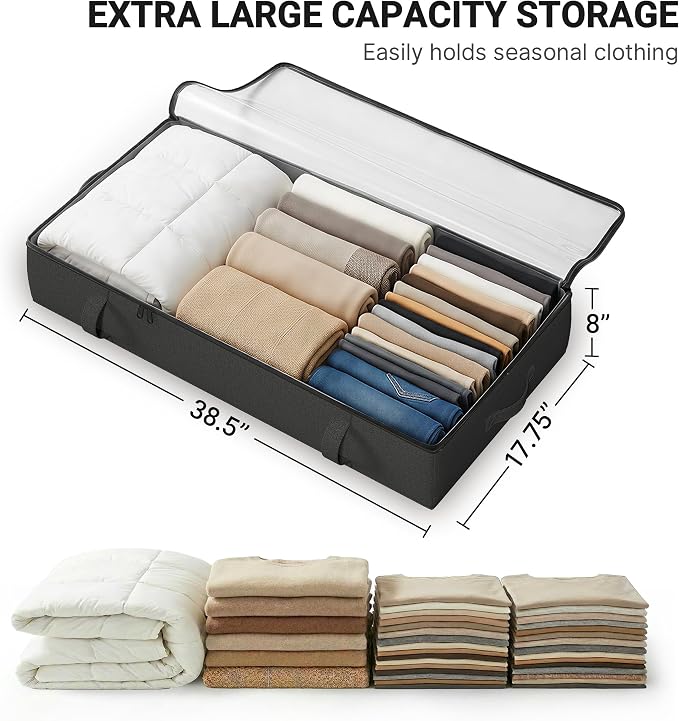 2-Pack Under Bed Storage Containers, 8 Inches Tall Clothes Storage, Black | Large Capacity Collapsible Underbed Organizer with Sturdy Sidewalls/Bottom, Cotton Linen Bins, For Seasonal Clothes & Bedding