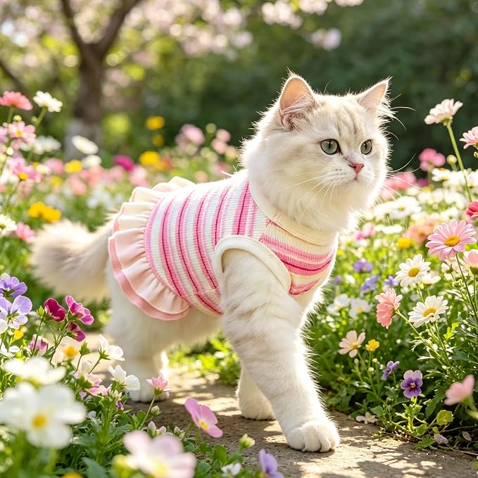 Striped Small Dog Dress Cute Pink Girl Dogs Cats Clothes, Pink S