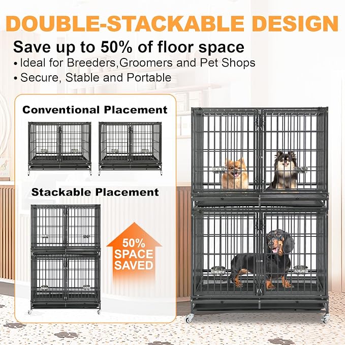 Homey Pet Taller 43" Heavy Duty Double Dog Crates with Divider & Dual Door | Drop Cage for Dogs with Lockable Wheels, Bowls, Removable Tray, Top Access, Ideal for Small to Medium & Large Dogs, Breeders