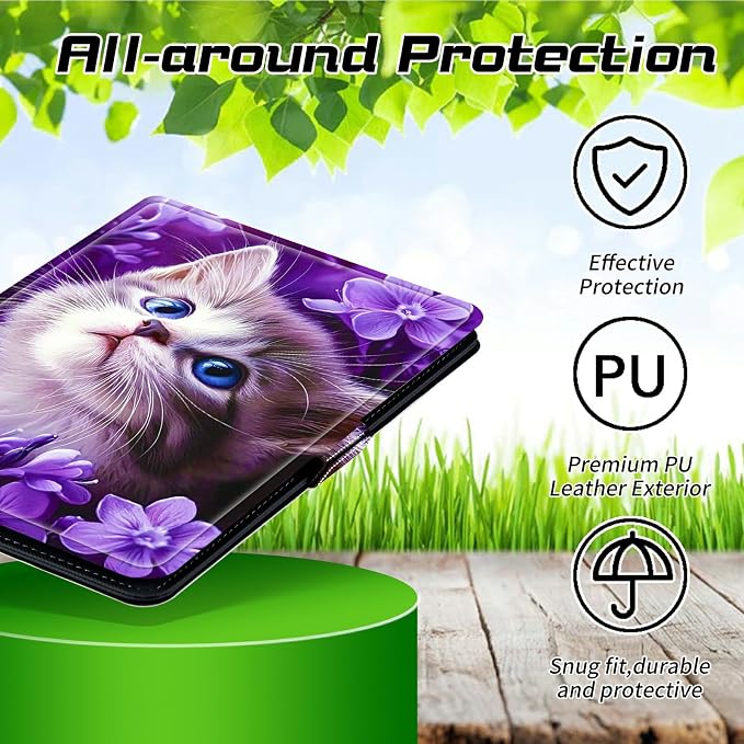 Universal Case for T-Mobile Revvl Tab 2 10.1" Model:9185W 2025/Revvl Tab 5G 10.36" 2023, 360 Degree Rotating Kickstand Protective Stand Leather Shell Cover for 9"-10.5", Purple Cat Flower
