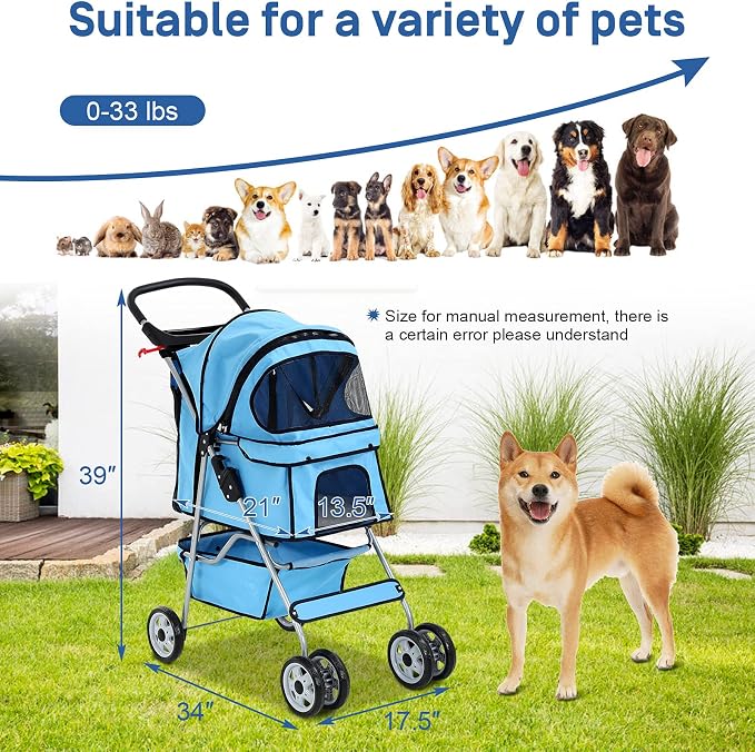4 Wheels Pet Stroller for Dog and Cat Stroller, Lightweight and Foldable Carrier Strolling Cart W/Cup Holders Removable Liner for Small and Medium Dog Cat - Blue