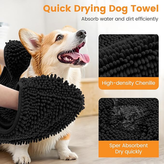 Smiry Chenille Dog Drying Towel, Extra Absorbent Bath Towel for Mud Dogs, Ultra Soft Quick Dry Pet Wash Mitt for Bathing, Grooming and Post-Walk Cleaning (31x13 Inches, Black)
