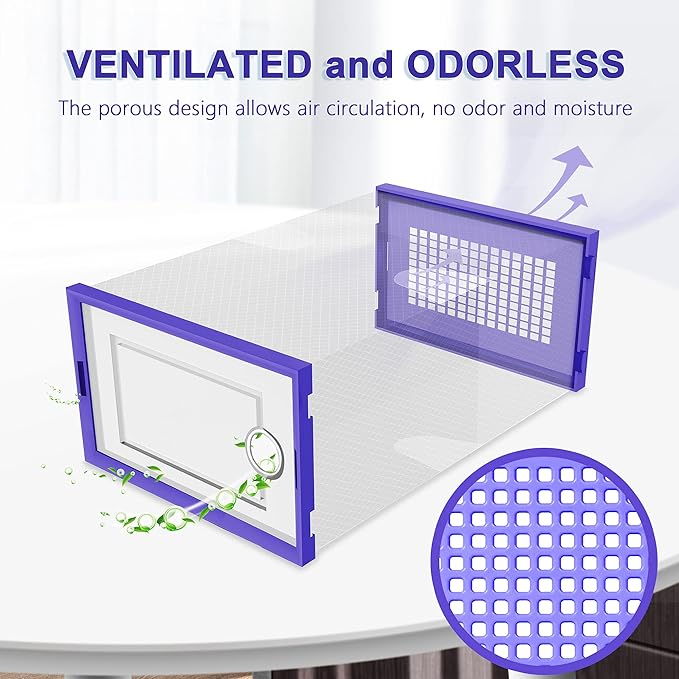 Kuject Large Shoe Organizers Storage Boxes for Closet, 12 Pack Clear Plastic Stackable Storage Bins with Lids, Under Bed Shoe Containers for Entryway, Drop Front, Fit up to Women's Size 10,Purple