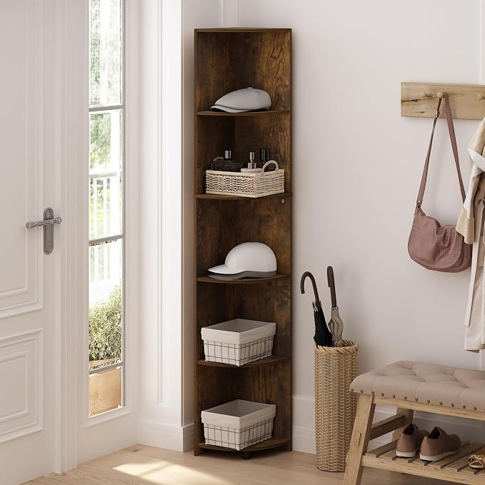 Furinno ECON Corner Shelf, 5-Tier Corner Book Shelf, Storage Shelves, Display Rack, Bookshelf, for Organization and Storage, Living Room, Home Office, Amber Pine