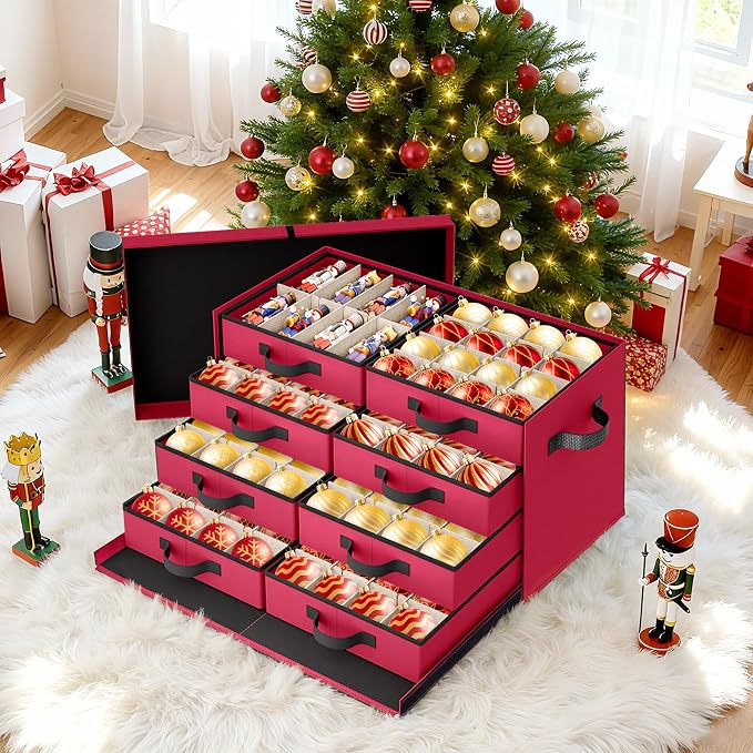 StorageRight Christmas Ornament Storage Box - Ultra Large Drawer Ornament Organizer with 8 Separate Trays & Adjustable Dividers, Portable Ornaments Box with Cover & Handle for Holiday Decorations(Red)