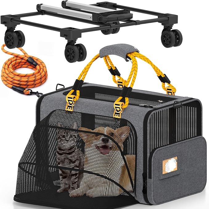 PAWZIDEA Expandable Large Pet Carrier with Wheels, 24x16x16 in Rolling Cat Carrier for 2–4 Cats up 55lb, Soft-Sided Collapsible Small Medium Dog Crate for Car Travel, Telescopic Handle, Storage Pocket