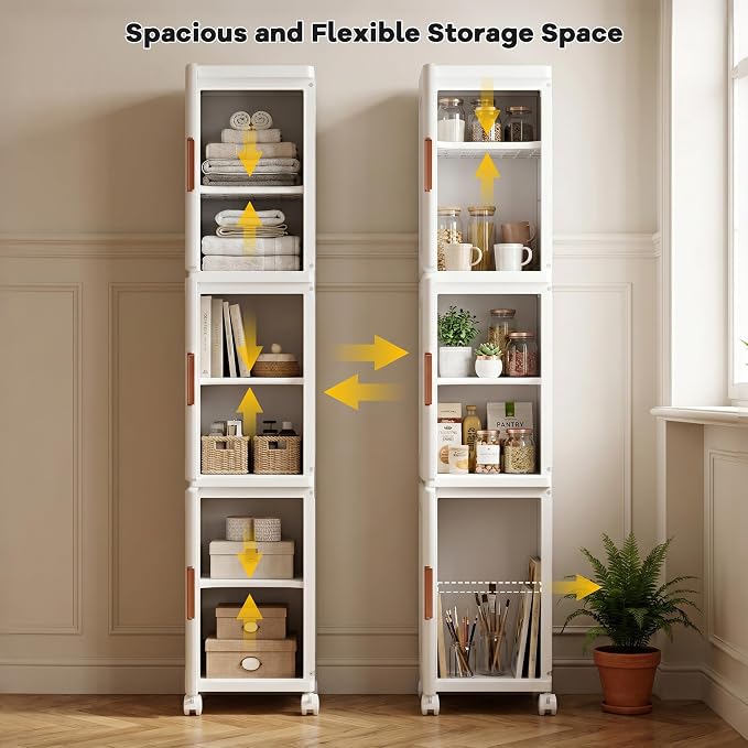 3-Tier Tall Narrow Plastic Storage Cabinet of 2, Foldable | Rolling Organizer with Lid,Doors,Stackable, Adjustable Shelves, Durable PP,Freestanding Bathroom Cabinet for Small Slim Space