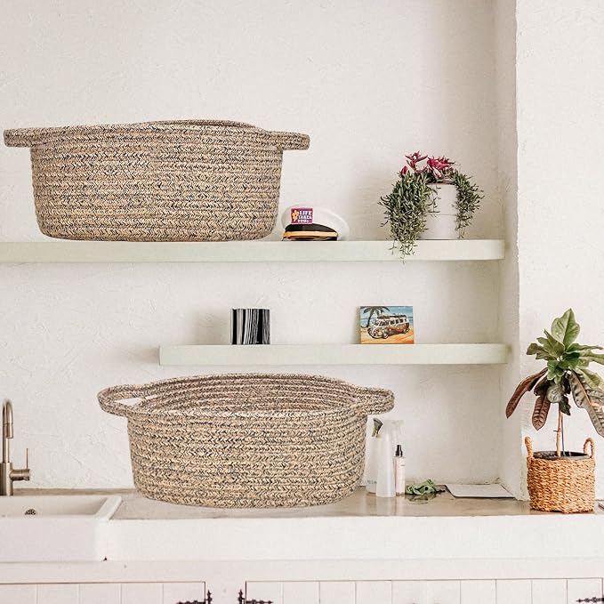 ABenkle Small Basket with Handles, Boho Decorative Rope Woven Dog Cat Toy Storage Bin Shelf Storage Organizer, Easter Christmas Gift Basket, 12"x8"x5"