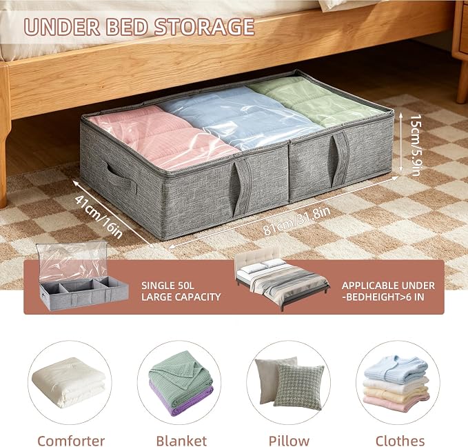 4-Pack Underbed Storage Containers with Clear PVC Lid(31.8×16×5.9in) | Foldable Under Couch Storage Bins, Closet Organizers Bags for Toy, Stuffed Animals, Dolls, Books, Clothes, Shoes & Blankets