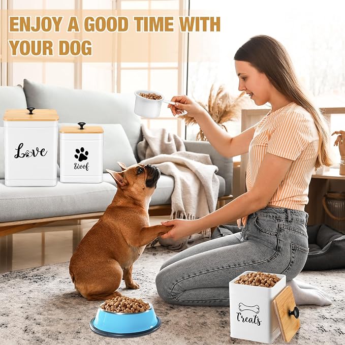 Jingmore Metal Dog Treat Containers Set of 3 with Bamboo Lids and Spoon Airtight 7+3+2 lbs Dog Food Snack Jars with DIY Labels Big Pet Cookie Storage Jar for Kitchen Counter(White,Modern)