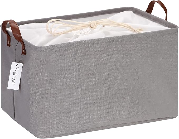 Hinwo 31L Large Canvas Storage Bin with Lid and Handles | Collapsible Fabric Basket, Closet Shelf Organizer, Container for Clothing, Blankets, Toys, Bedding (Gray)
