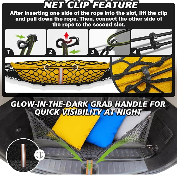Muslogy Cargo Net for 2018-2025 2026 Toyota Camry Accessories | Custom Fit, Trunk Storage Organizer Net for SUV Sedan Van Divider, with Heavy Duty Carabiners, Night Visible Grab Handle