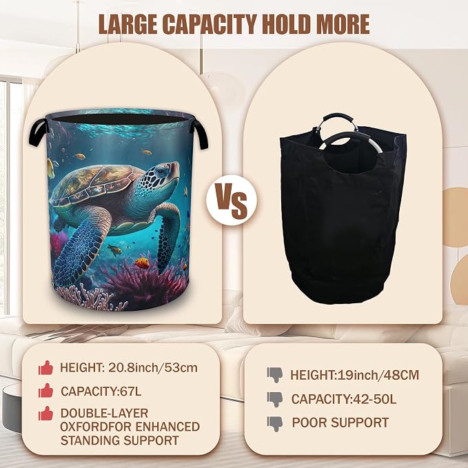Sea Turtle Ocean Laundry Basket,Laundry Hamper Waterproof Oxford Cloth Tote Bag,Clothes Storage Bucket Decorative Toy Organizer for Bathroom Bedroom 16" x 20.8"