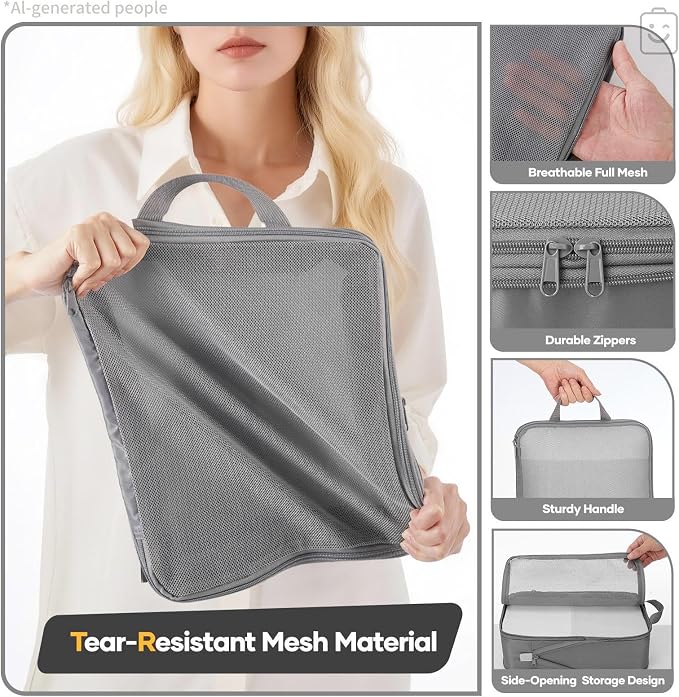 Veken 6/9/11 Set Compression Packing Cubes Garment Bags for Travel Essentials,Compressible Expandable Luggage Organizer Bags for Clothing,Space Saver Bags with Over 1000 pcs of Mesh Holes(Gray)