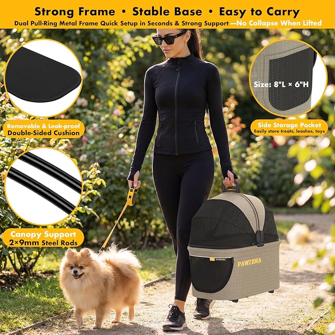 PAWZIDEA Pet Stroller 4-in-1, Foldable Dog Stroller with Detachable Carrier | Escape-Proof No-Zip Canopy, Portable Travel Crate & Car Seat Combo, for Small to Medium Dogs & Cats up 33 lbs, Storage Basket