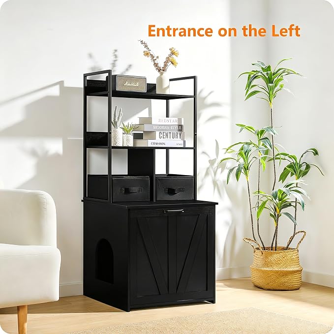 Dwanton Cat Litter Box Enclosure, 2 Storage Shelves and 2 Drawers, 50" H | 2-in-1 Hidden Cat Litter Box Enclosure Furniture with Shelf, Metal Frame, Reversible Entrance, Washable Drawers, Black