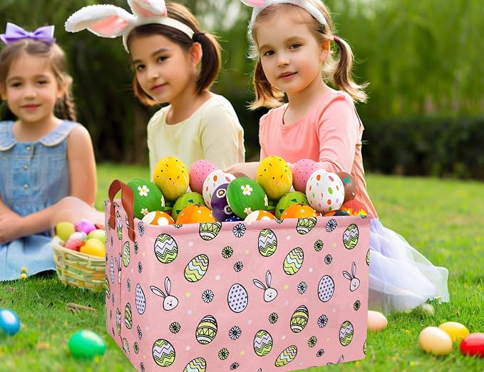 Large Rectangular Easter Baskets Empty Waterproof Boy Toy Box Foldable Kid's Gifts Storage Bin Spring Room Decor(Pink Black Line Egg)