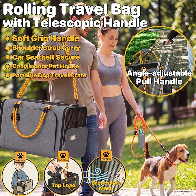 PAWZIDEA Expandable Large Pet Carrier with Wheels, 24x16x16 in Rolling Cat Carrier for 2–4 Cats up 55lb, Soft-Sided Collapsible Small Medium Dog Crate for Car Travel, Telescopic Handle, Storage Pocket