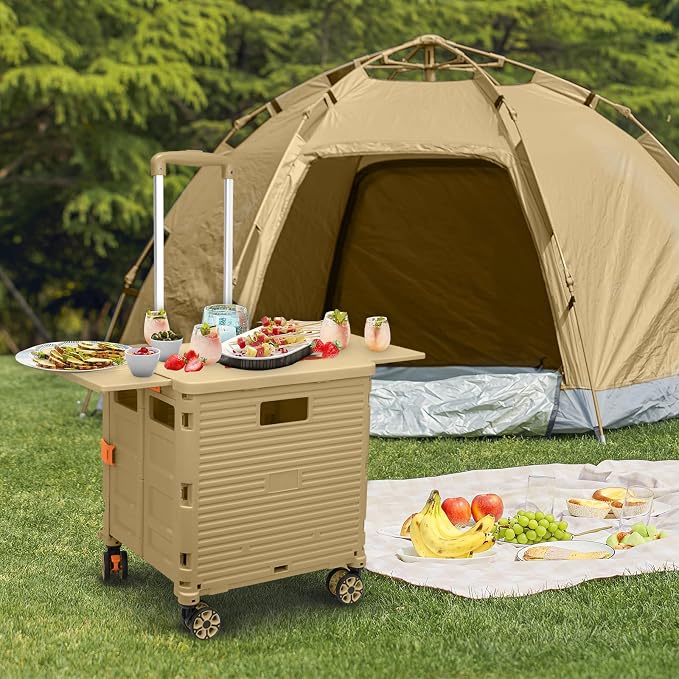 FELICON SELORSS Folding Utility Cart Portable Rolling Crate Handcart-Khaki | Magnetic Sliding Lid,Telescoping Handle,Plastic Box Dolly,360°Swivel Wheels for Travel Shop Move Laundry Office Teacher Use