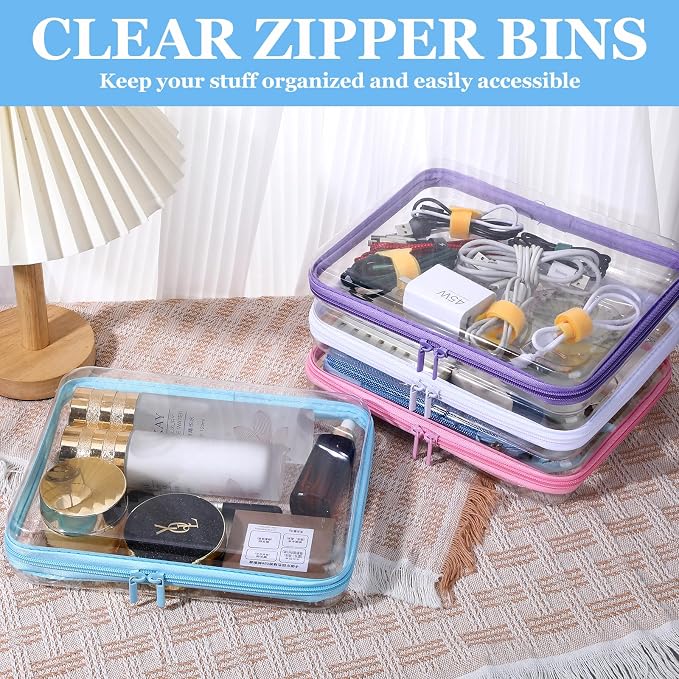 4 Pcs Clear Hard Shell Zipper Case, Hard Sided Pencil Case Clear Zipper Toys Puzzles Organizer, Travel Plastic Pouch for Makeup Storage Box, Building Blocks Bins