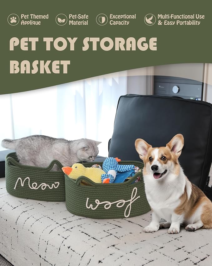 Sea Team Dog Toy Storage Basket with Handles and Ears, Green Woof | Large Cotton Rope Storage Bin, Shelf Basket, Organizer for Pet Chew Toys, Foods, 16.5 x 11 x 7 Inches, 4.4 Gallons