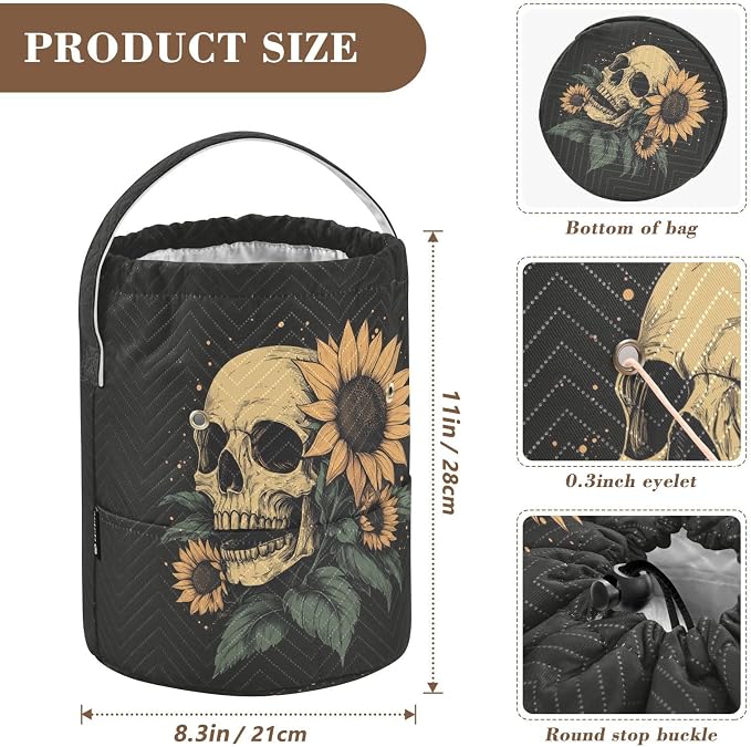 Fustylead Hand Draw Human Skull and Sunflower Design Large Yarn Storage Tote Basket, Knitting Crochet Drawstring Organizer Bag for Crocheting Project, Yarn Balls, Needles Accessories