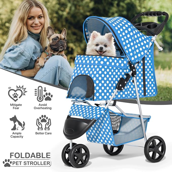 MoNiBloom Pet Stroller for Small/Medium Dogs and Cats, Sky Blue | Foldable Dog Stroller 3 Wheels Pet Strolling Cart w/ Storage Basket Cup Holder, Breathable and Visible Mesh for All-Season