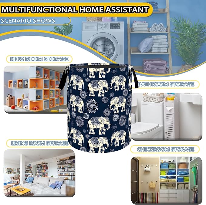 Retro Elephant Mandala Laundry Basket,Boho Dirty Clothes Hamper,Ethnic Animal Storage Bin Gifts,Foldable Waterproof Oxford Cloth Baskets for Bathroom,Bedroom,Home Decoration(19.7" x 15.7")